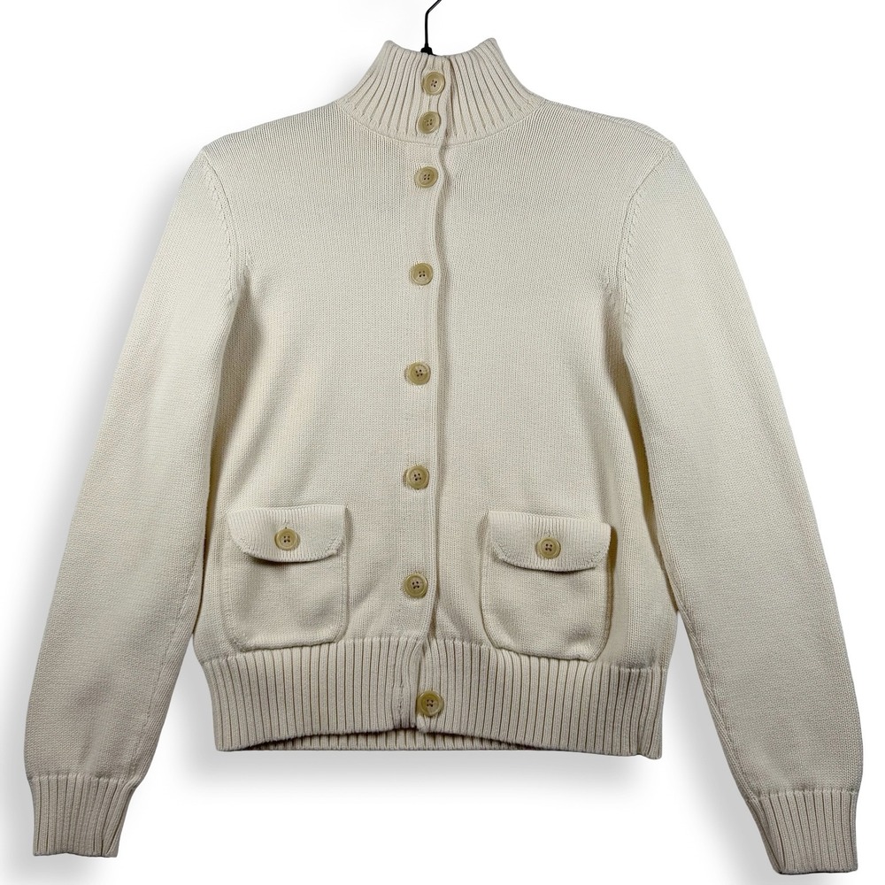 Lauren Ralph Lauren Women's Cream Cotton Mock Neck Cardigan Sweater M Preppy